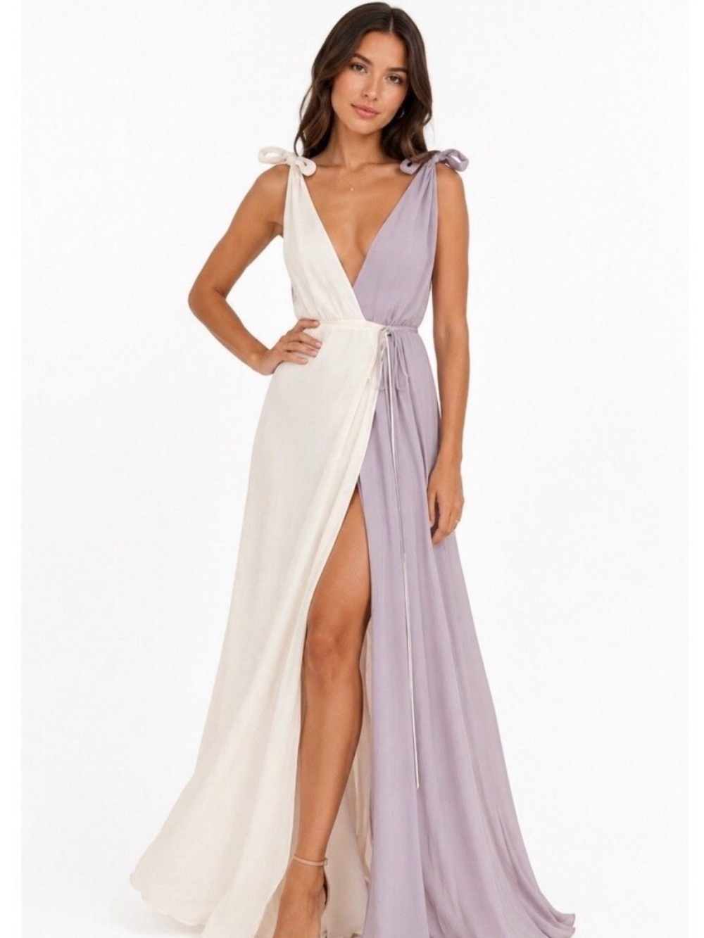 Reformation Two-Tone Tie-Shoulder Maxi Dress in Cream and Lavender